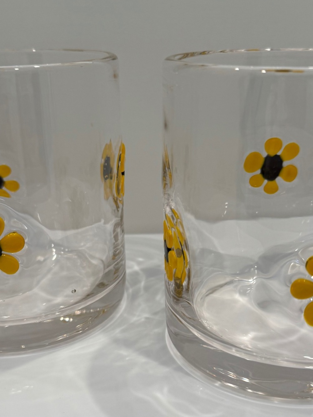 SUNFLOWER Hand Blown Art Glass Double Old Fashioned 12oz Tumblers | Yellow White
